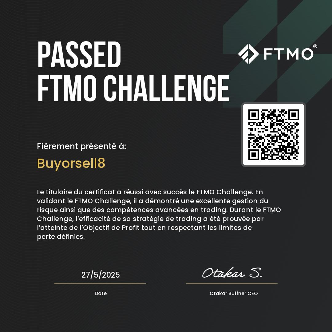 Certificat FTMO Passed Verification — Buyorsell8 — 30/05/2025